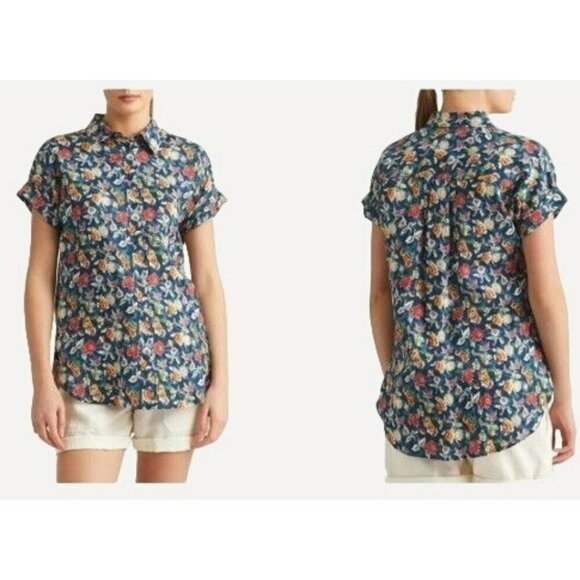 Lauren Ralph Lauren Black label Floral Button-Up Shirt Size L 100% linen‎ women - Picture 1 of 9